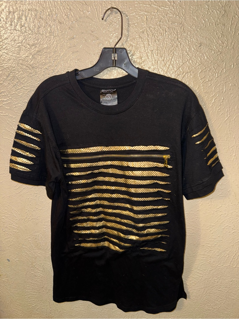 Black Tee with Gold Stripe Cutouts